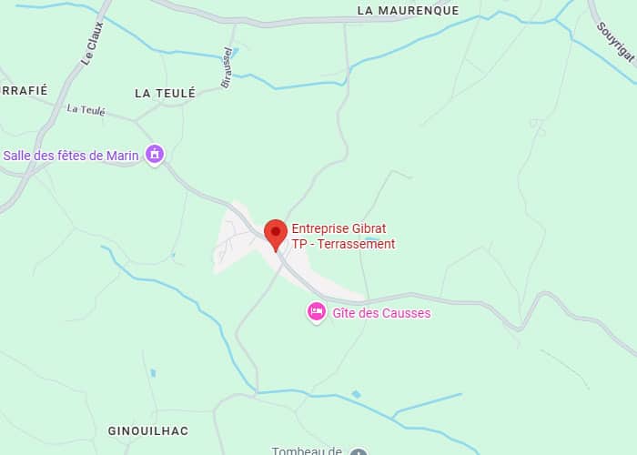 Entreprise Gibrat TP - Terrassement à Marin : Localisation Localisation de l'Entreprise Gibrat TP - Terrassement à Marin sur une carte avec Gîte des Causses et La Teulé.