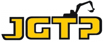 Logo JGTP jaune et noir avec une silhouette d'excavatrice, symbolisant les travaux publics et l'excavation.